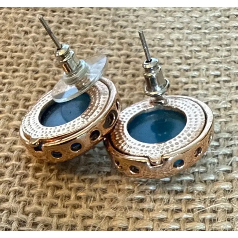 Tory Burch Miller Stud Earrings – Rose Gold & Blue Enamel Logo Corporate